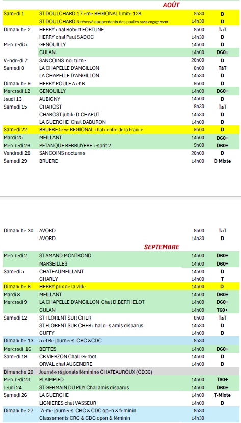 Calendrier du Cher 2026 - aout septembre