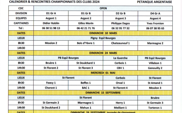 Calendriers CDC open, féminins et vétérans