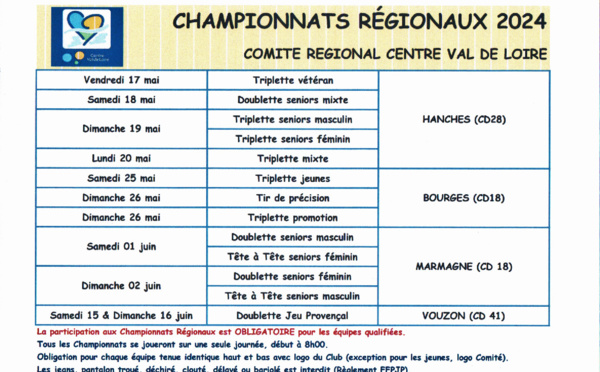 Calendrier Championnats régionaux 2024