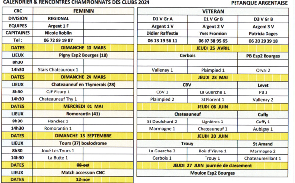 Calendrier championnats des clubs FEMININ - VETERAN 2024