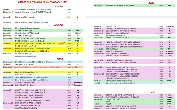 Calendrier du CHER 2026