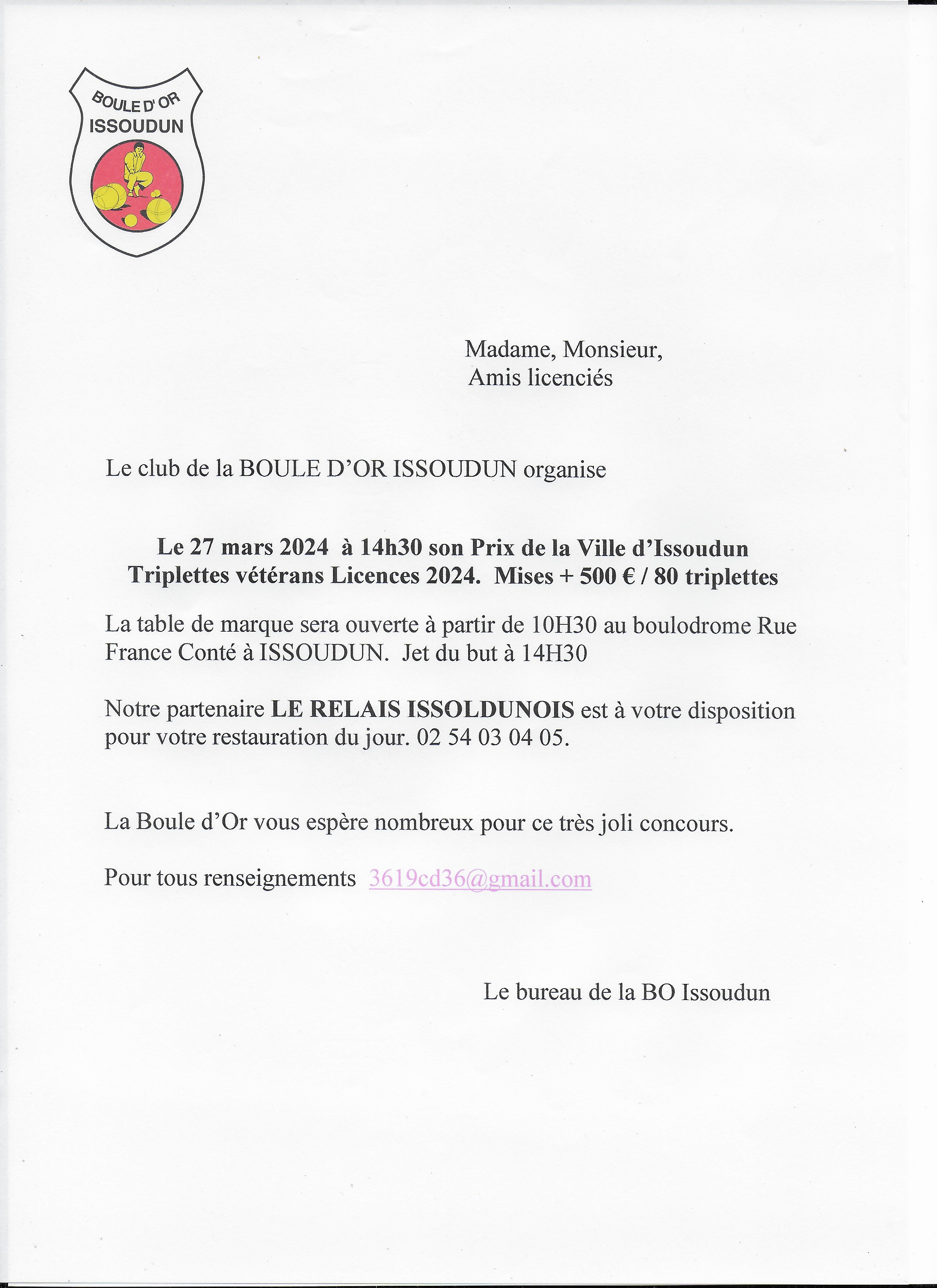 PRIX DE LA VILLE D'ISSOUDUN - TRIPLETTE VETERAN - 27 mars 2024