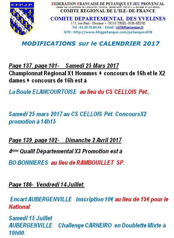 Modifications de calendrier Modifications de calendrier