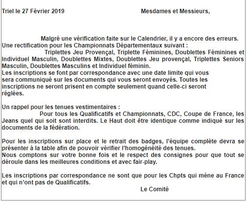 rectification pour les Championnats Départementaux rectification pour les Championnats Départementaux