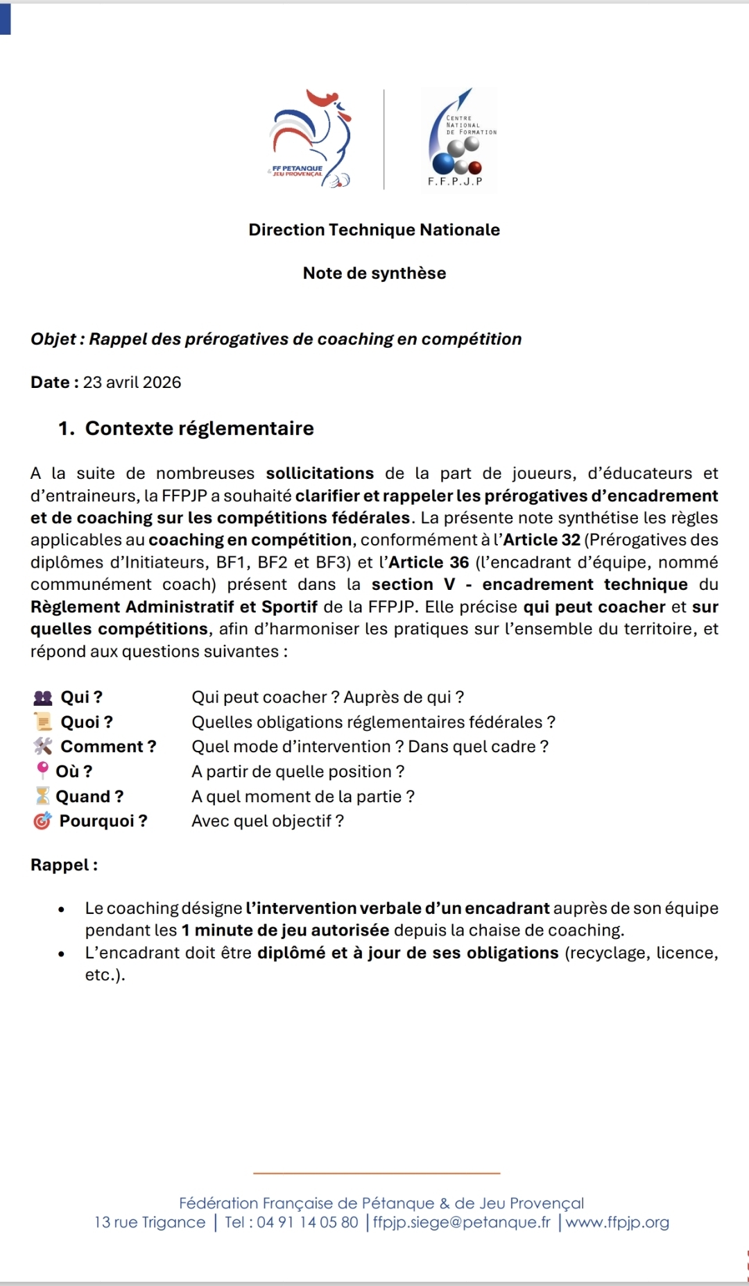 Note fédéral coaching