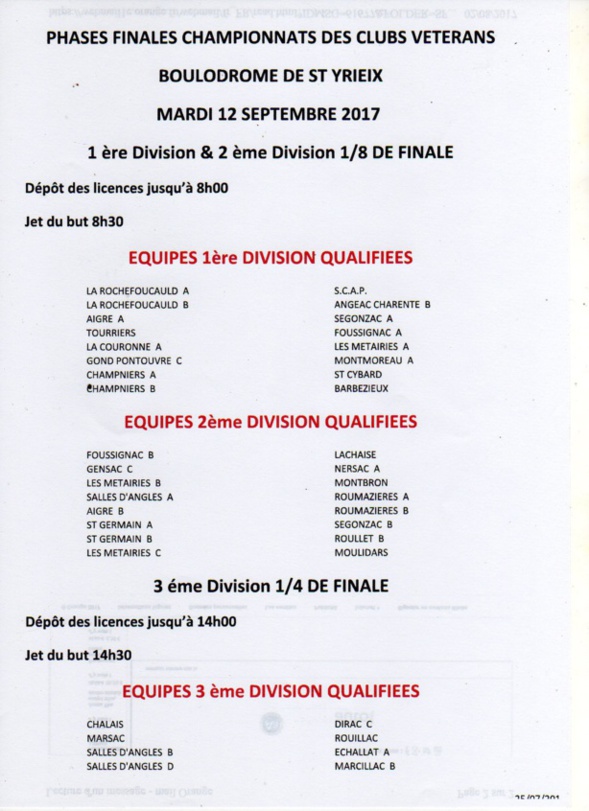 PHASES FINALES CHAMPIONNATS DE CLUBS VETERANS
