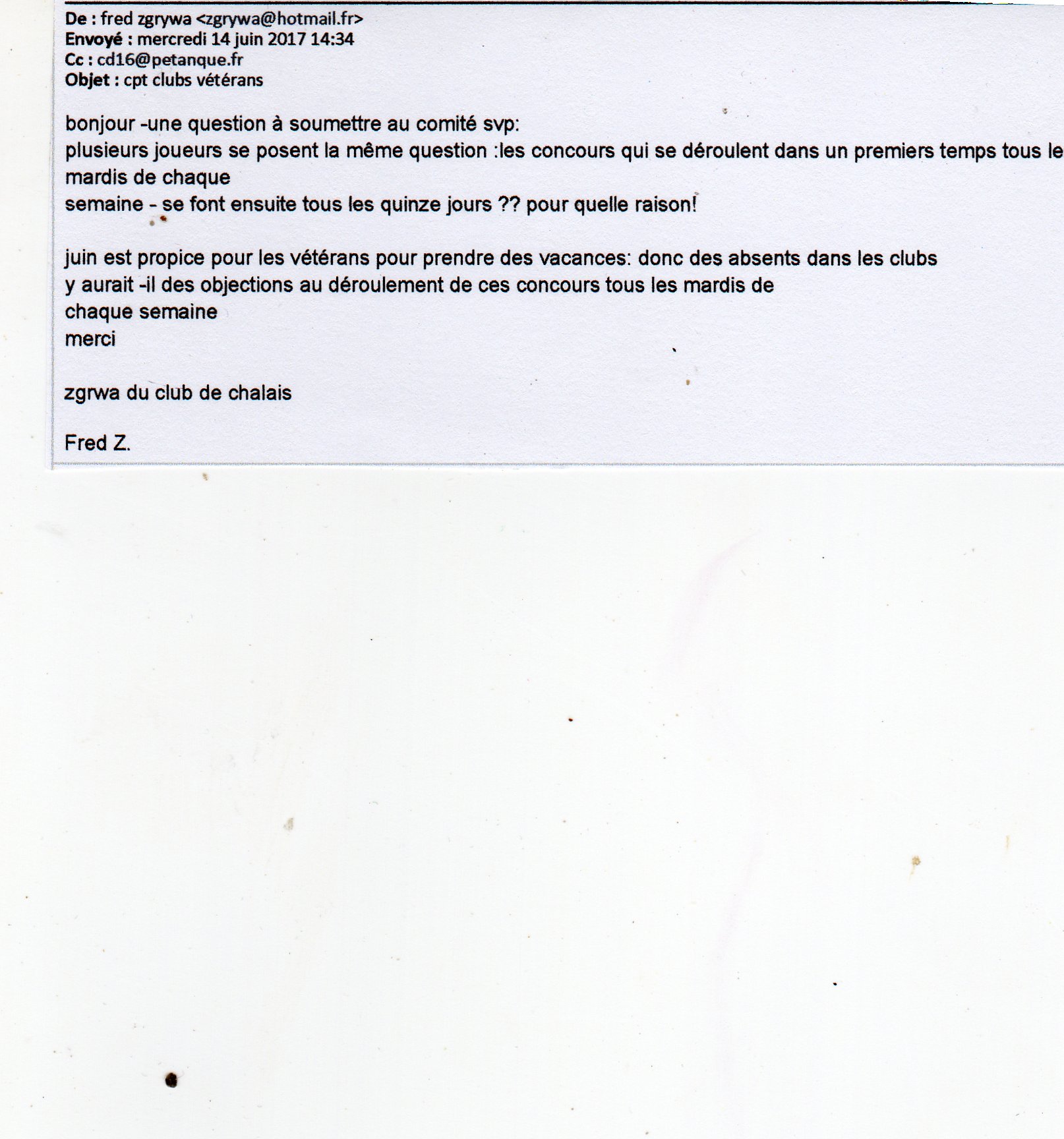 QUESTION AU COMITE DEPARTEMENTAL 16 QUESTION AU COMITE DEPARTEMENTAL 16