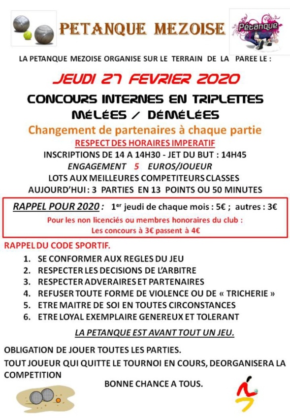 REPRISE DES CONCOURS INTERNES DE LA PETANQUE MEZOISE POUR LA SAISON 2020 REPRISE DES CONCOURS INTERNES DE LA PETANQUE MEZOISE POUR LA SAISON 2020