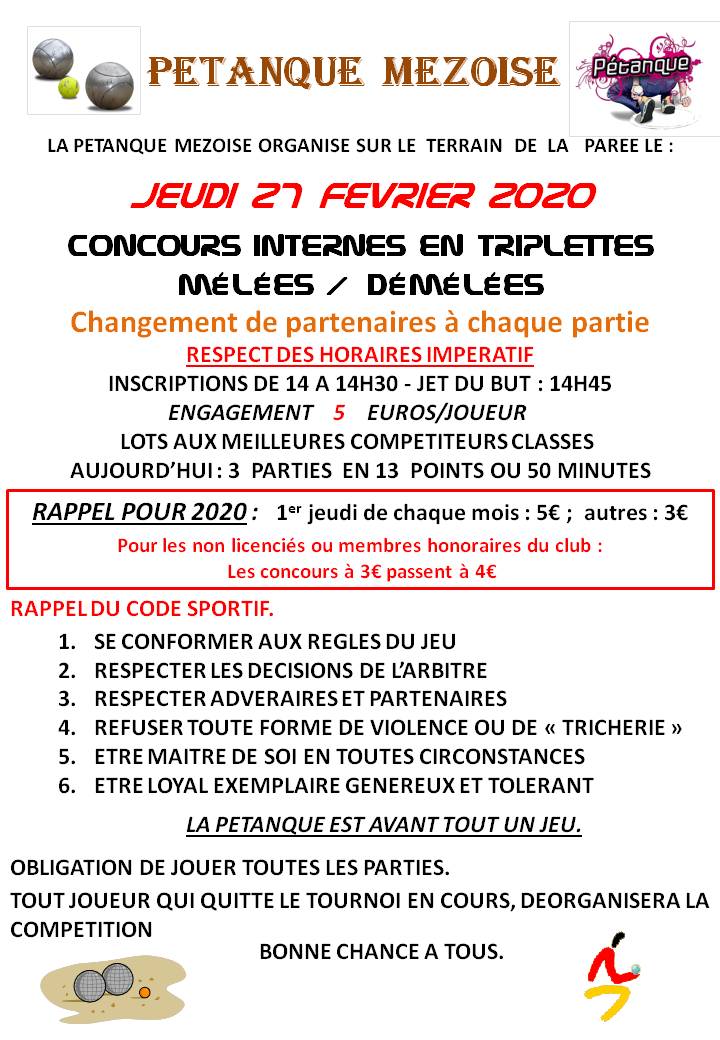REPRISE DES CONCOURS INTERNES DE LA PETANQUE MEZOISE POUR LA SAISON 2020 REPRISE DES CONCOURS INTERNES DE LA PETANQUE MEZOISE POUR LA SAISON 2020