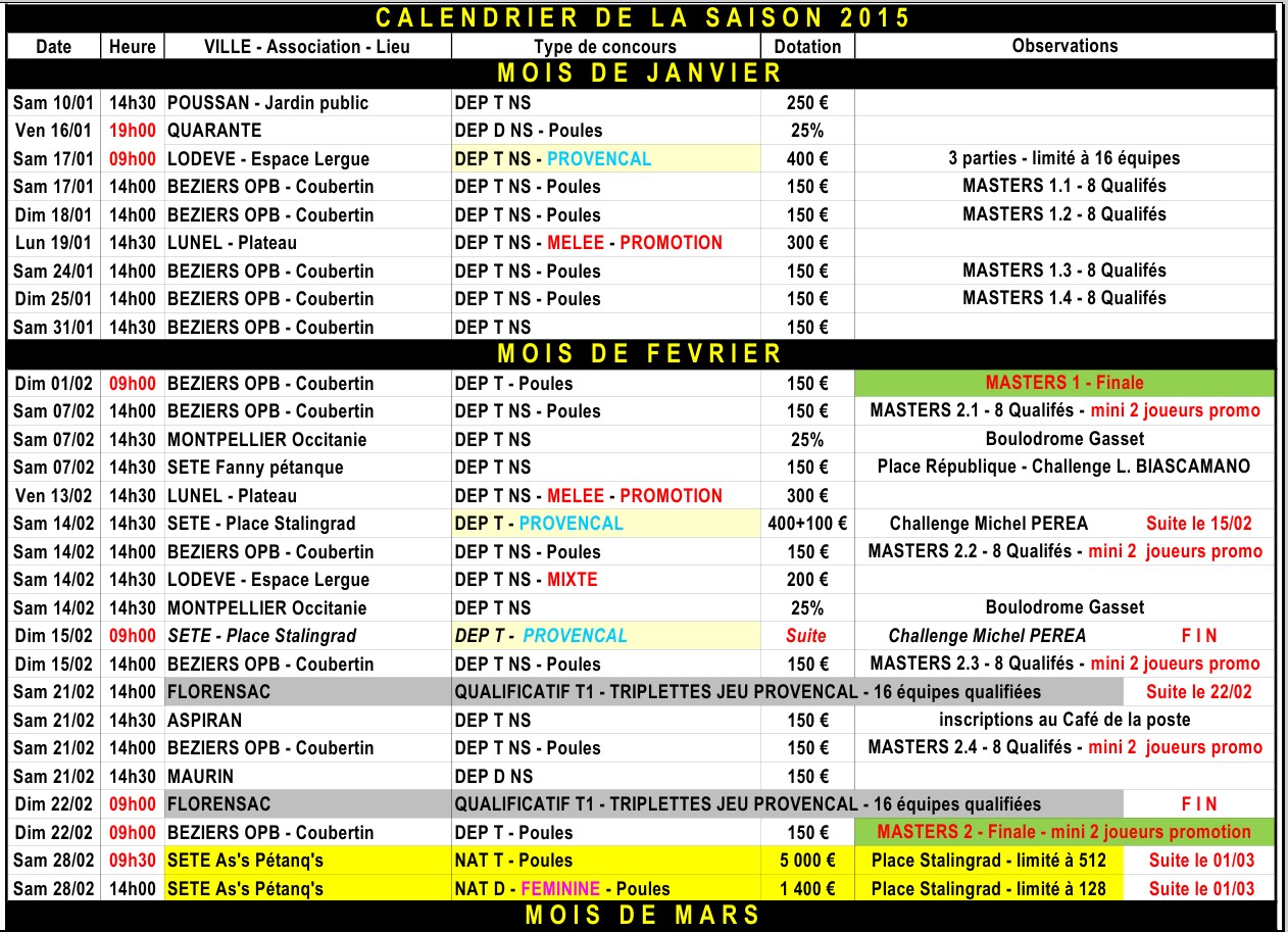 CALENDRIER COMPLET CD34 SAISON 2015 CALENDRIER COMPLET CD34 SAISON 2015