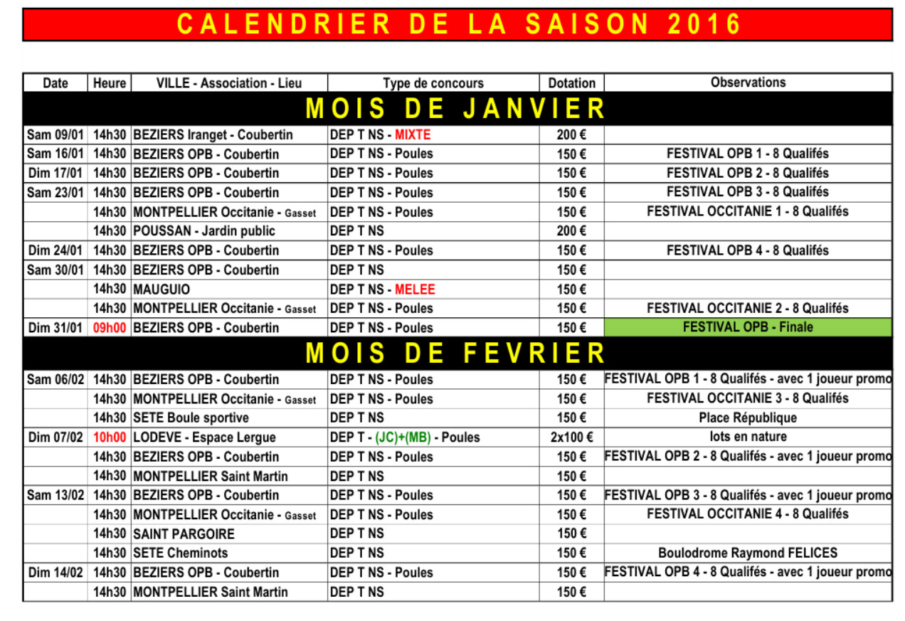 CALENDRIER COMPLET CD34 SAISON 2016 CALENDRIER COMPLET CD34 SAISON 2016