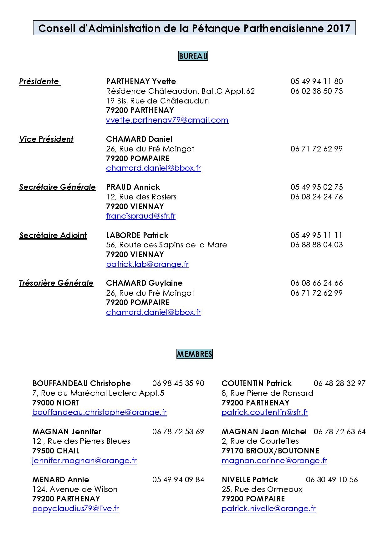 Conseil d'Administration de la Pétanque Parthenaisienne Conseil d'Administration de la Pétanque Parthenaisienne