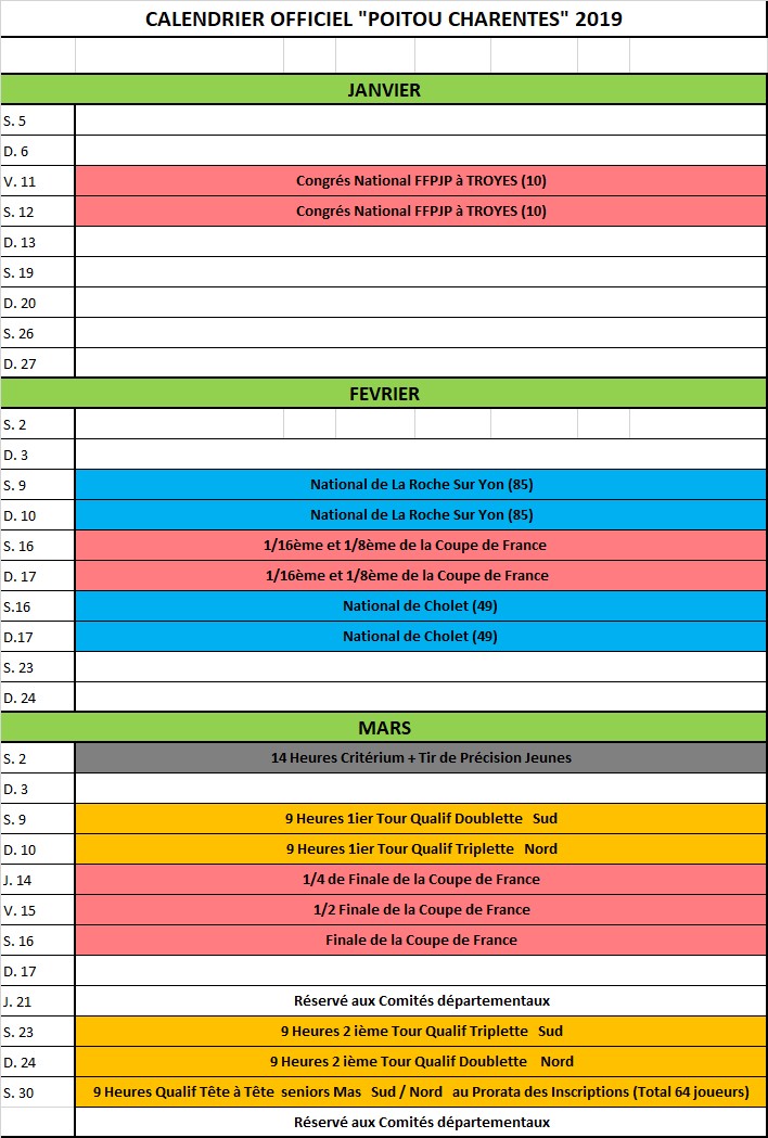 Calendrier Officiel "Poitou-Charentes" 2019