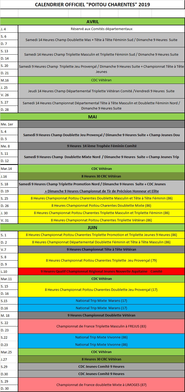 Calendrier Officiel "Poitou-Charentes" 2019
