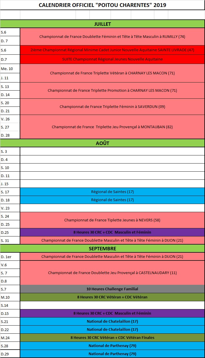 Calendrier Officiel "Poitou-Charentes" 2019