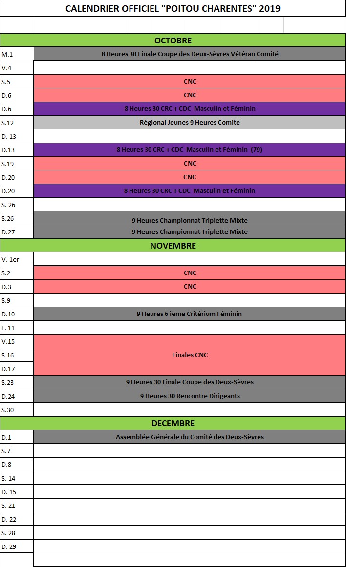 Calendrier Officiel "Poitou-Charentes" 2019