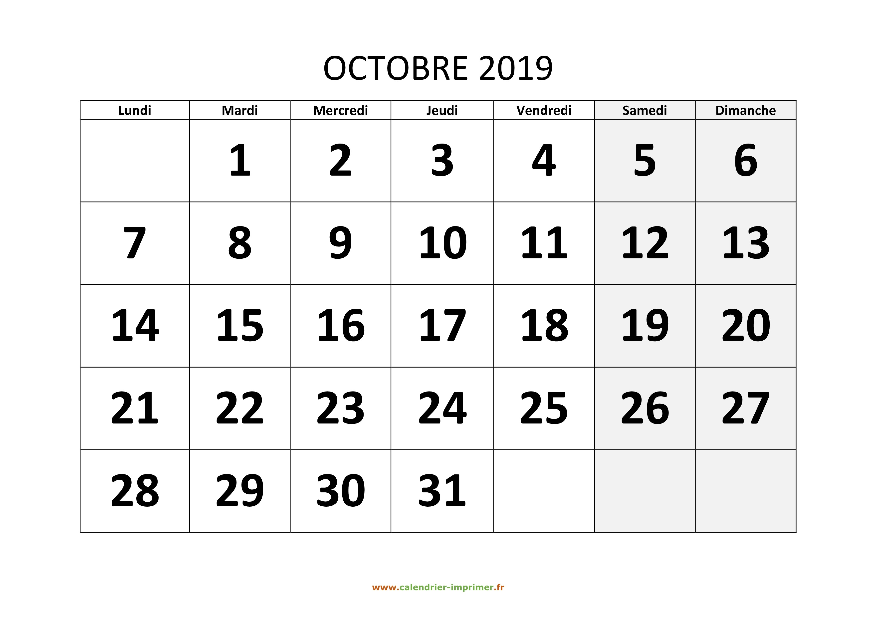 Calendrier Hiver 2019-2020 - Octobre 2019