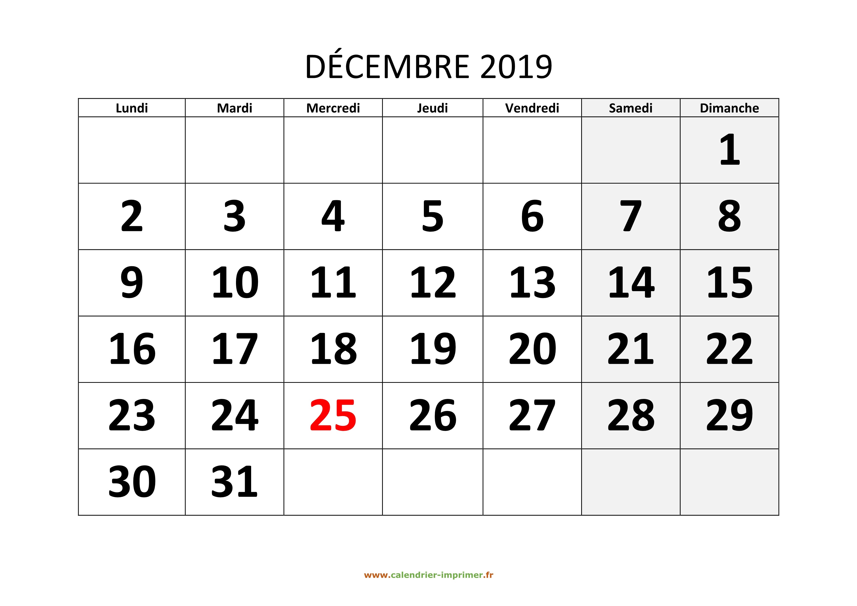 Calendrier Hiver 2019-2020 - Décembre 2019