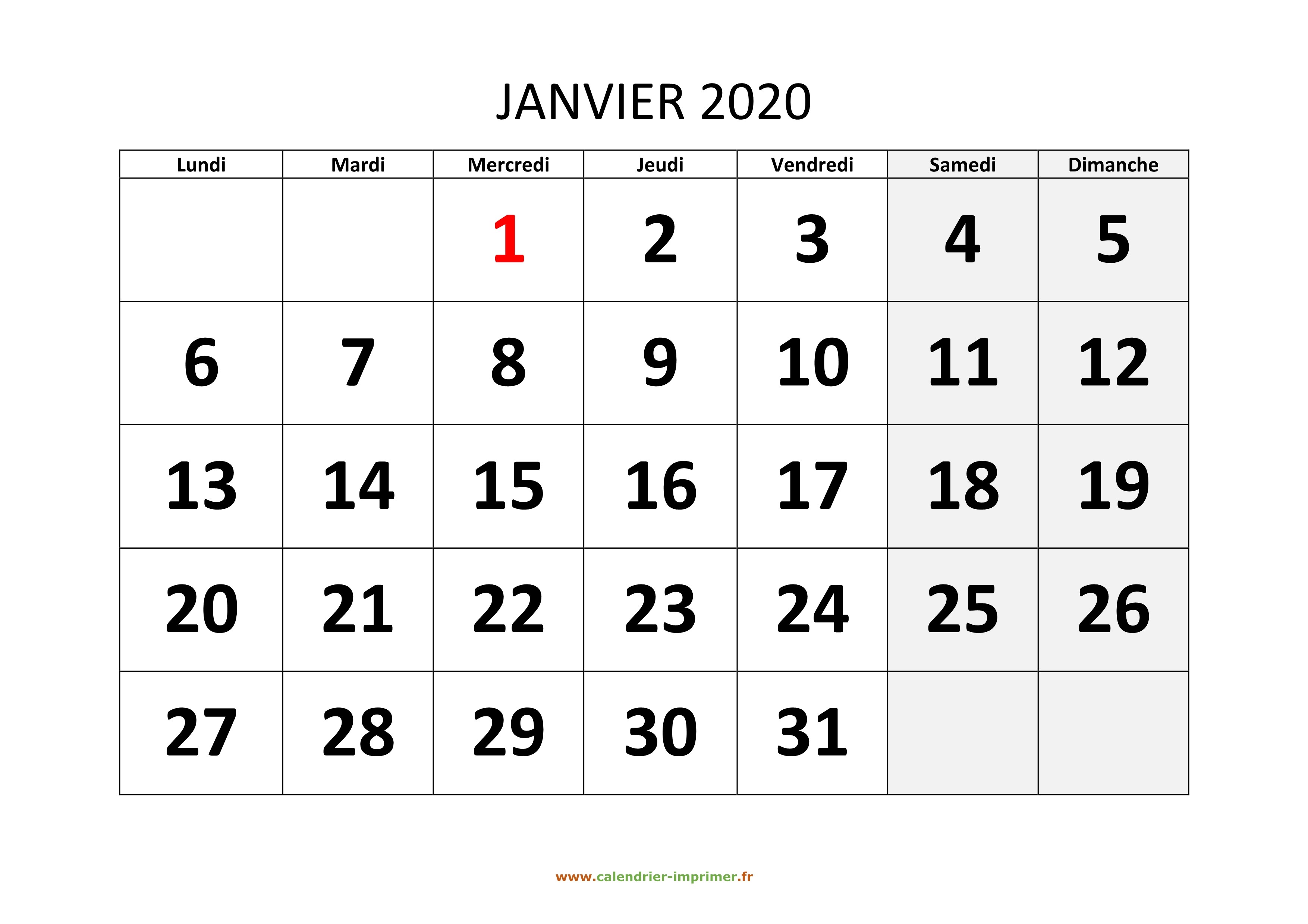 Calendrier Hiver 2019-2020 - Janvier 2020
