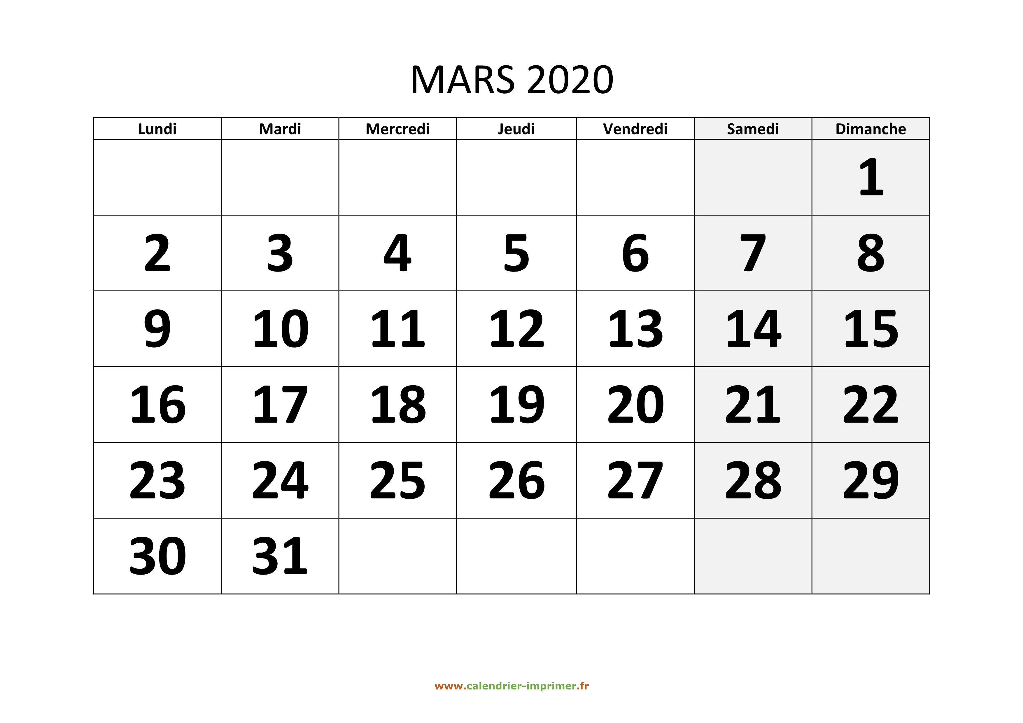 Calendrier Hiver 2019-2020 - Mars 2020
