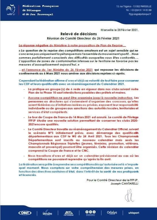 Relevé de décisions de la FFPJP Relevé de décisions de la FFPJP