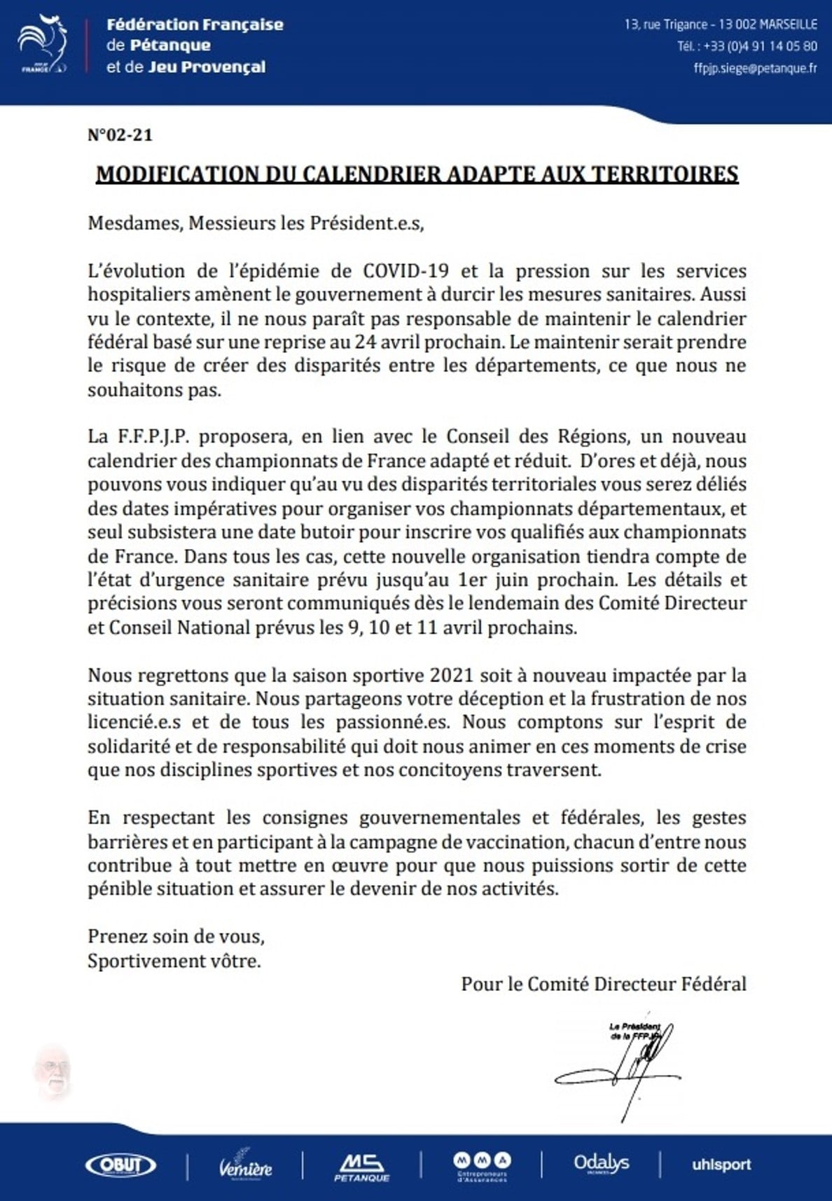 Calendrier adapté aux Territoires