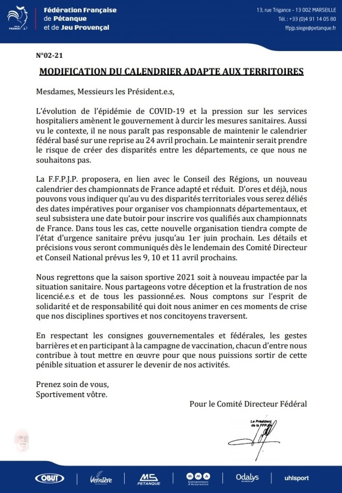 Calendrier adapté aux Territoires