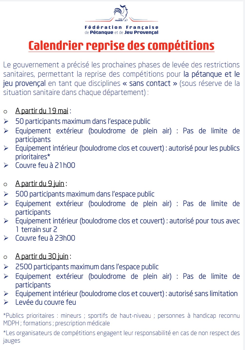 Reprise des compétitions Reprise des compétitions
