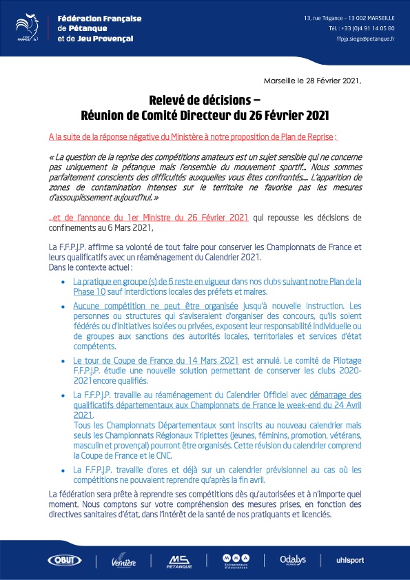 Dernier communiqué de la FFPJP Dernier communiqué de la FFPJP