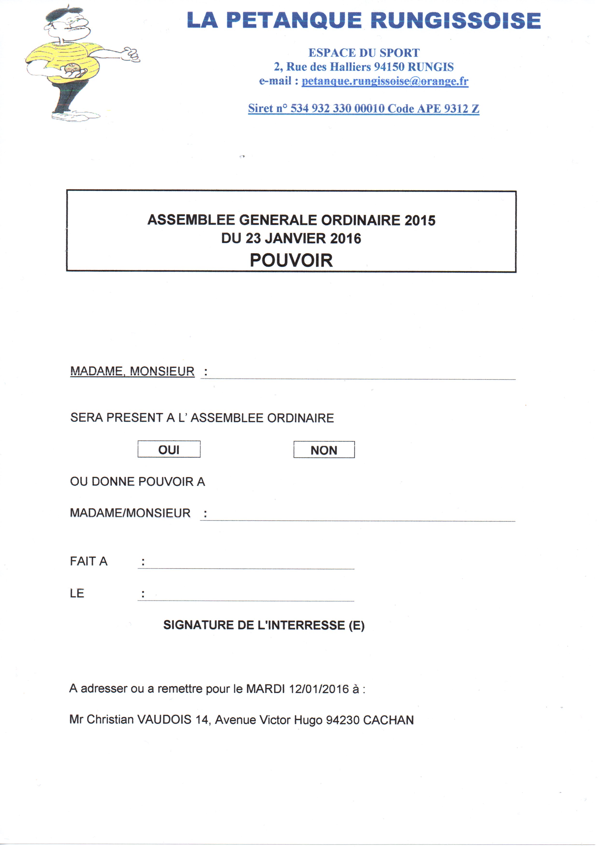 ASSEMBLEE GENERALE LE 23 JANVIER 2016