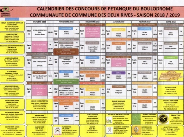 Calendriers hiver Valence d'Agen 2018/2019.