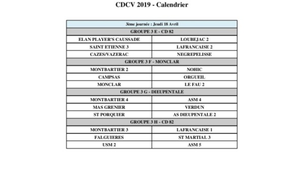 Calendriers championnat des clubs vétérans.