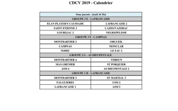Calendriers championnat des clubs vétérans.