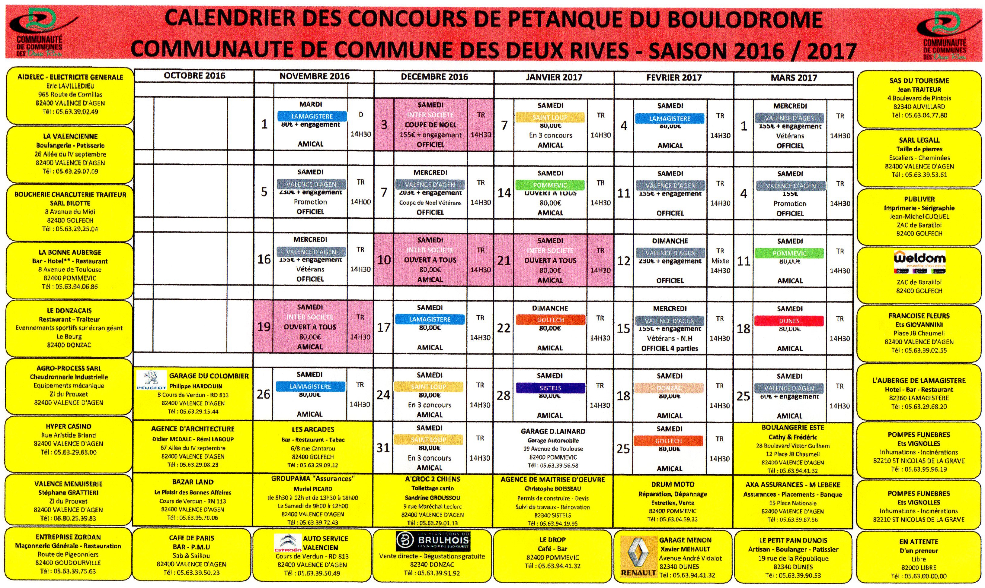 Calendriers hiver Valence d'Agen 2016 / 2017.