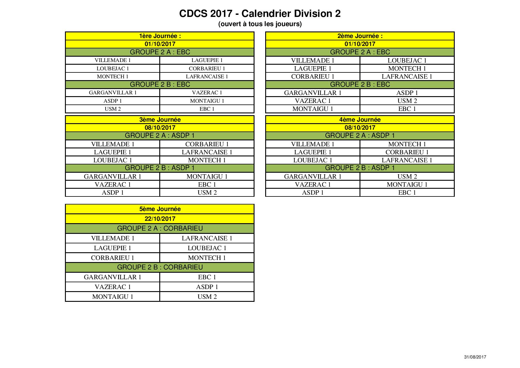 Championnat des clubs 2017 2 éme divisions.