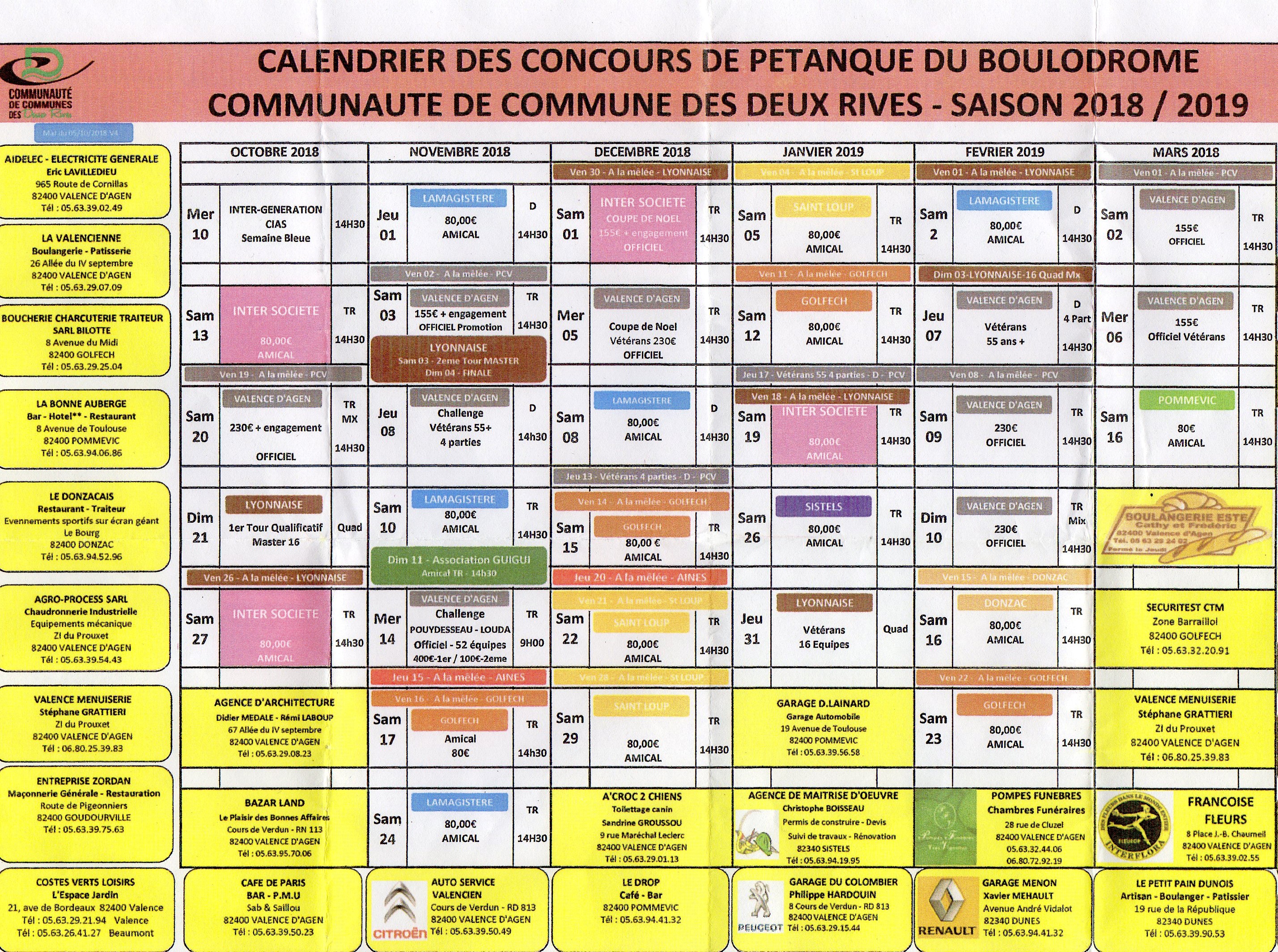 Calendriers hiver Valence d'Agen 2018/2019. Calendrier Valence