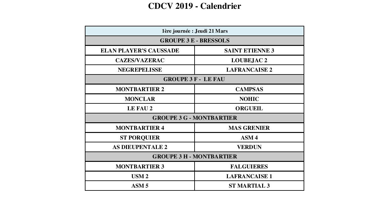 Calendriers championnat des clubs vétérans.