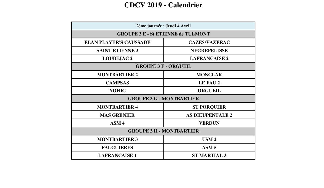 Calendriers championnat des clubs vétérans.