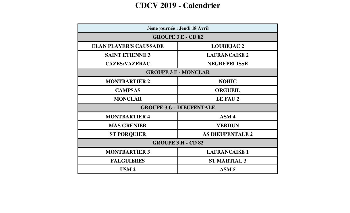 Calendriers championnat des clubs vétérans.