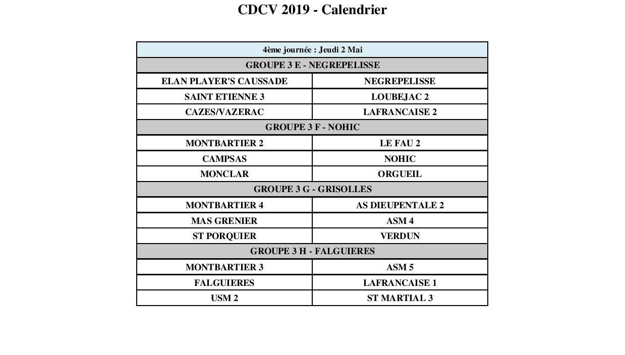 Calendriers championnat des clubs vétérans.