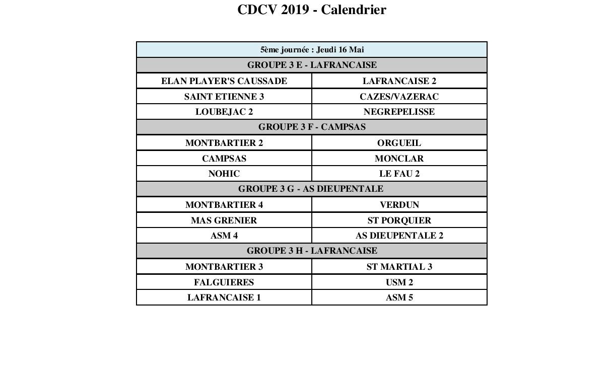 Calendriers championnat des clubs vétérans.