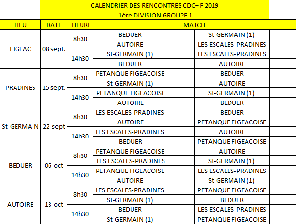 Calendrier CDC F 2019