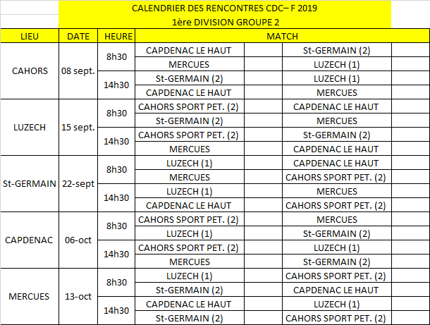 Calendrier CDC F 2019