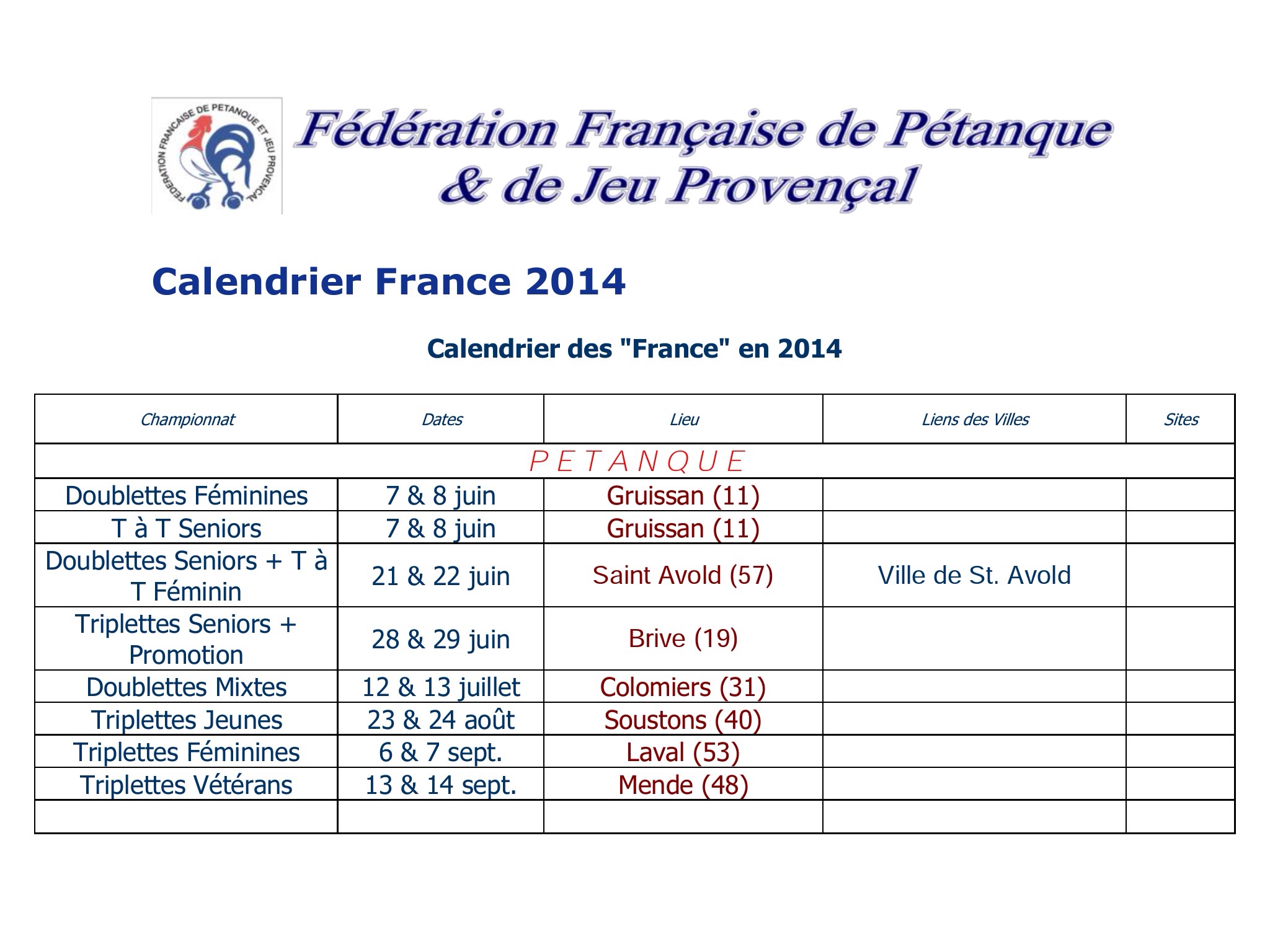 Calendrier championnat de France 2014
