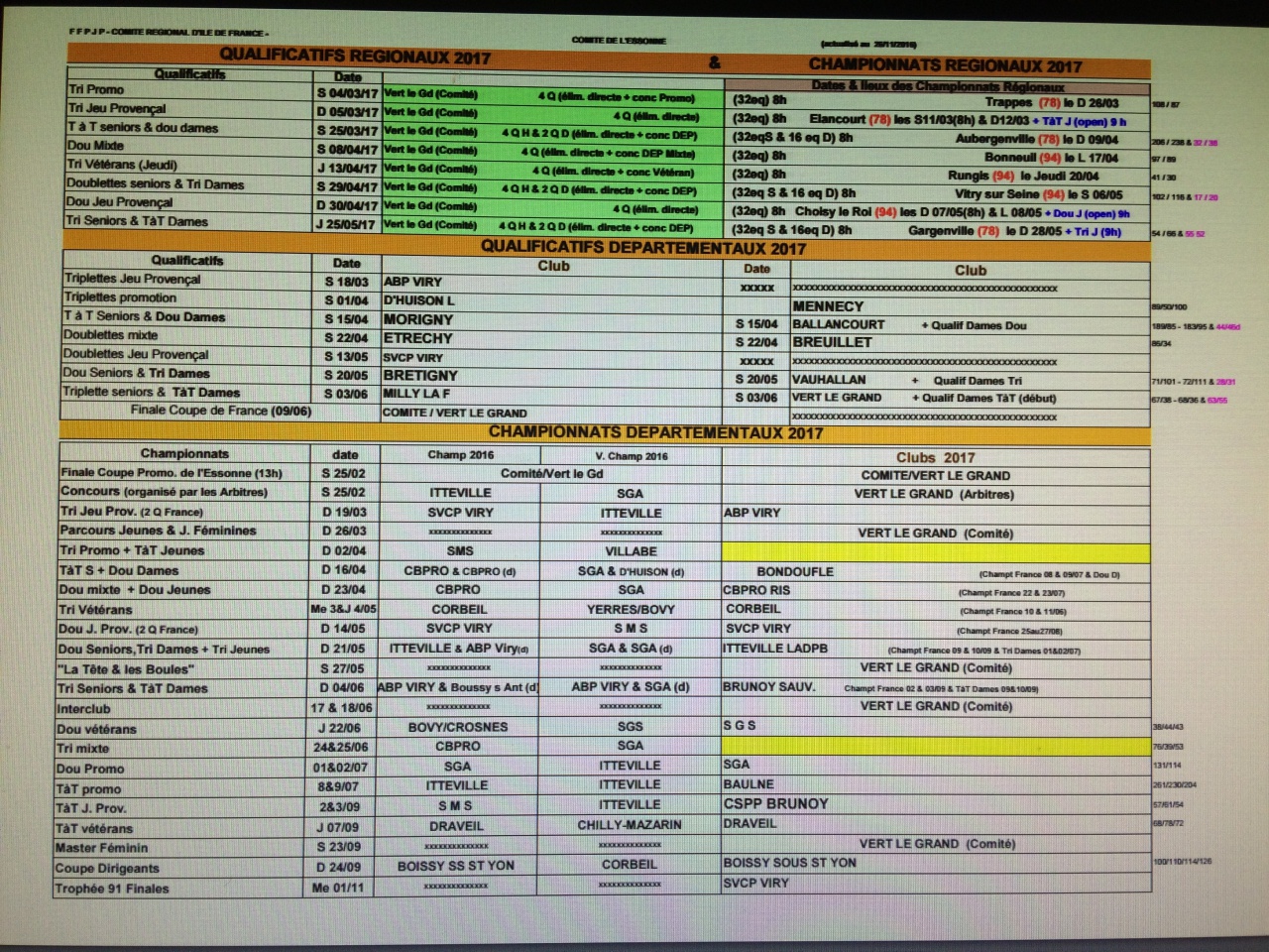 Calendrier 2017 - Ligue et Chpt 