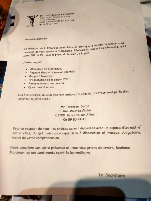 ASSEMBLEE GENERALE DU CLUB : DIMANCHE 21 MARS 2021 A 10h00 AU TERRAIN JO LOPEZ A SAINT REMY