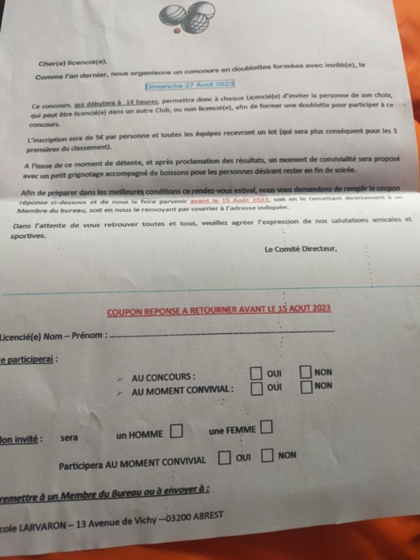 CONCOURS DOUBLETTES AVEC INVITÉ(E) DU DIMANCHE 27 AOUT 2023 CONCOURS DOUBLETTES AVEC INVITÉ(E) DU DIMANCHE 27 AOUT 2023