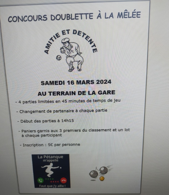 CONCOURS AMICAL DOUBLETTE A LA MELÉE - SAMEDI 16 MARS CONCOURS AMICAL DOUBLETTE A LA MELÉE - SAMEDI 16 MARS