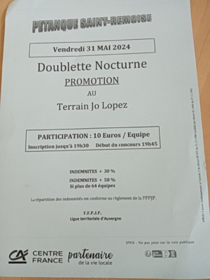 CONCOURS DOUBLETTE PROMOTION NOCTURNE - VENDREDI 31 MAI 2024 CONCOURS DOUBLETTE PROMOTION NOCTURNE - VENDREDI 31 MAI 2024