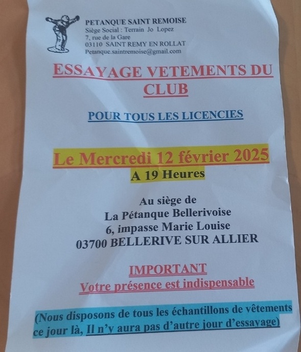 ESSAYAGE DE LA NOUVELLE GAMME DE VÊTEMENTS DU CLUB - MERCREDI 12/02 ESSAYAGE DE LA NOUVELLE GAMME DE VÊTEMENTS DU CLUB - MERCREDI 12/02